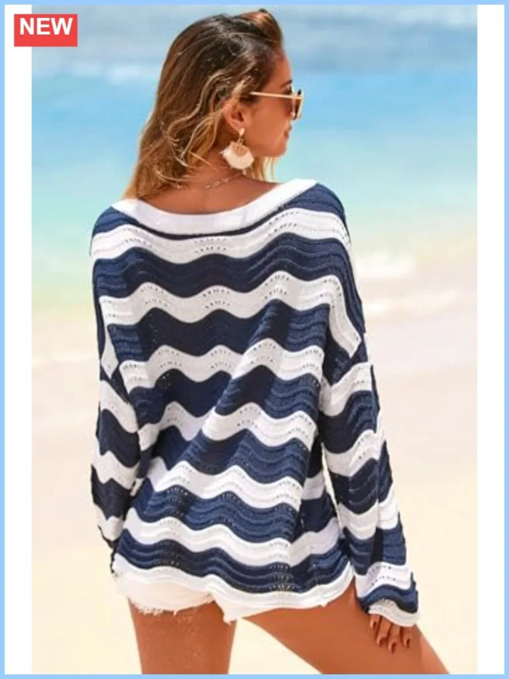 Women's Linen Blend Oversized Crochet Bell Sleeve Stripe Beach Vacation Top